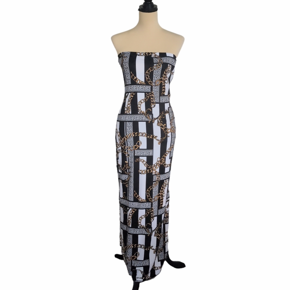 Stretchy Strapless Maxi Dress Navy & Gold Greek Key Pattern Medium